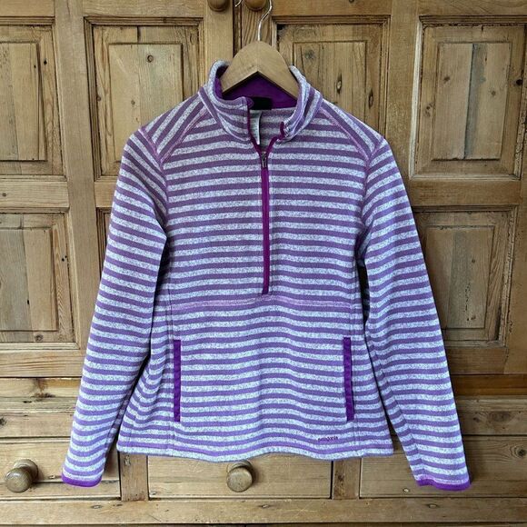 Women's Patagonia Medium Purple Pullover Sweater Stripe Half Zip Kangaroo Pocket - Picture 1 of 12